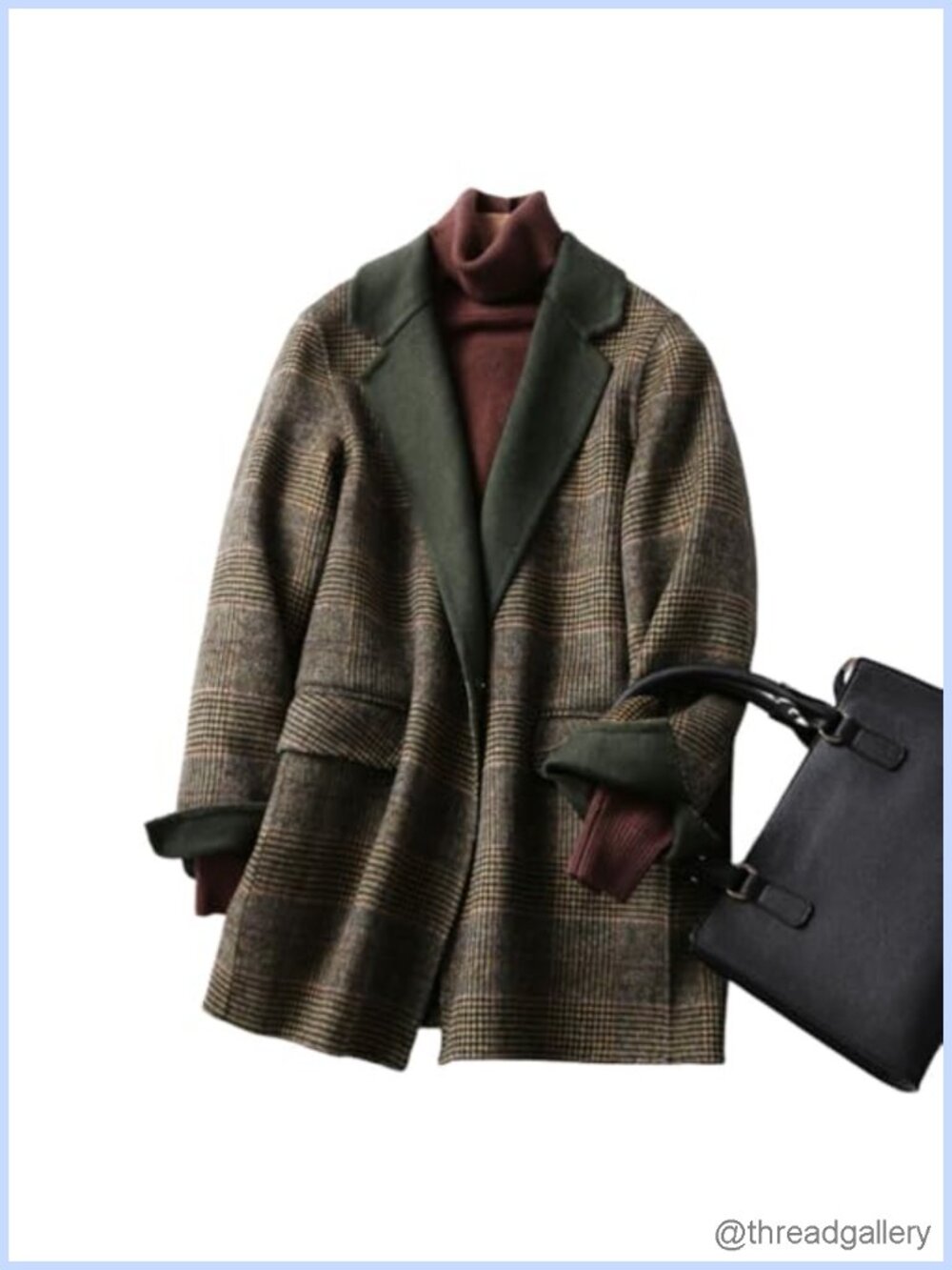 Womens Wool Blazer Coat Plaid V-Neck Loose Mid-Length Cashmere Woolen Overcoat